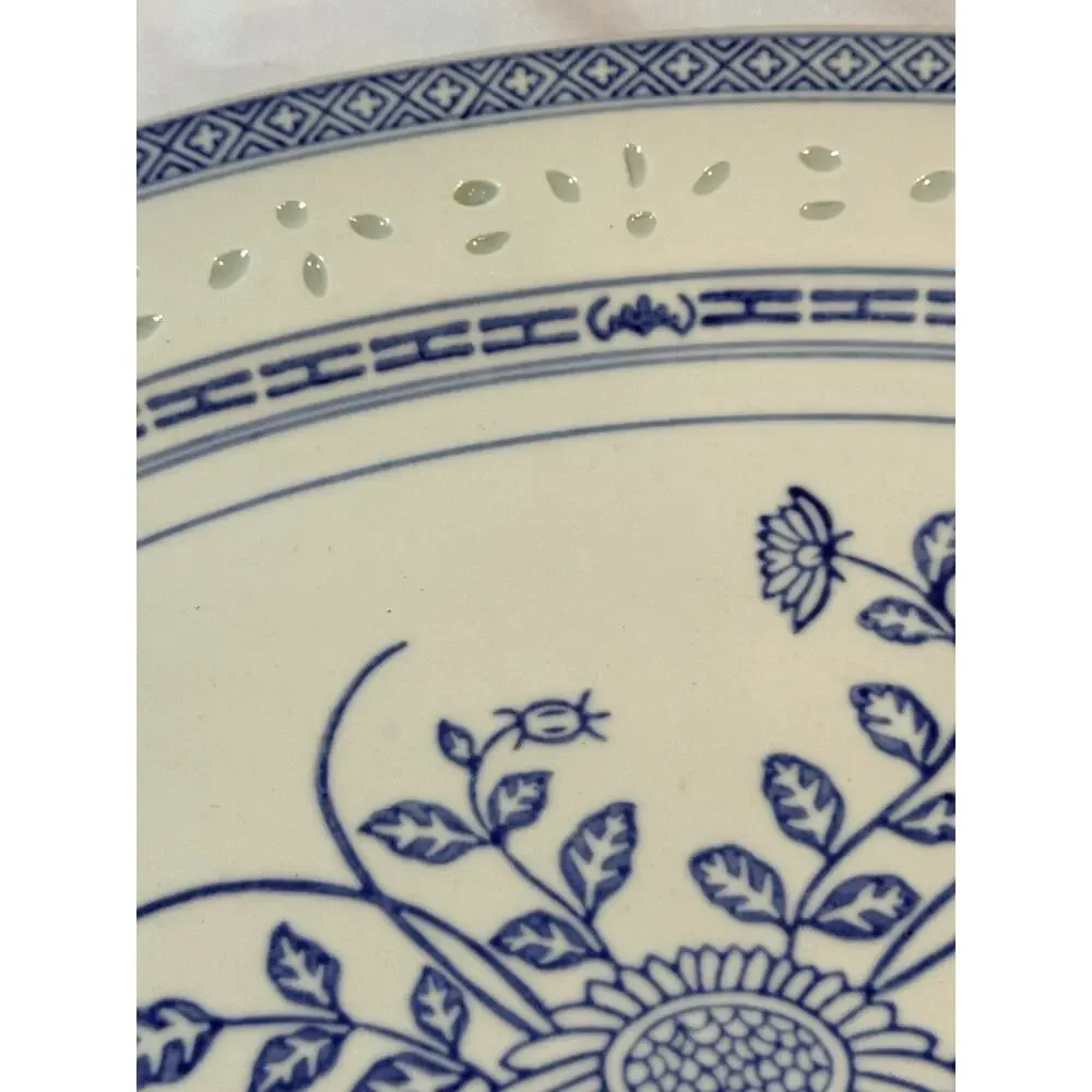 Vintage Chinese Rice Grain Porcelain Blue White Oval Serving Platter 15” Floral